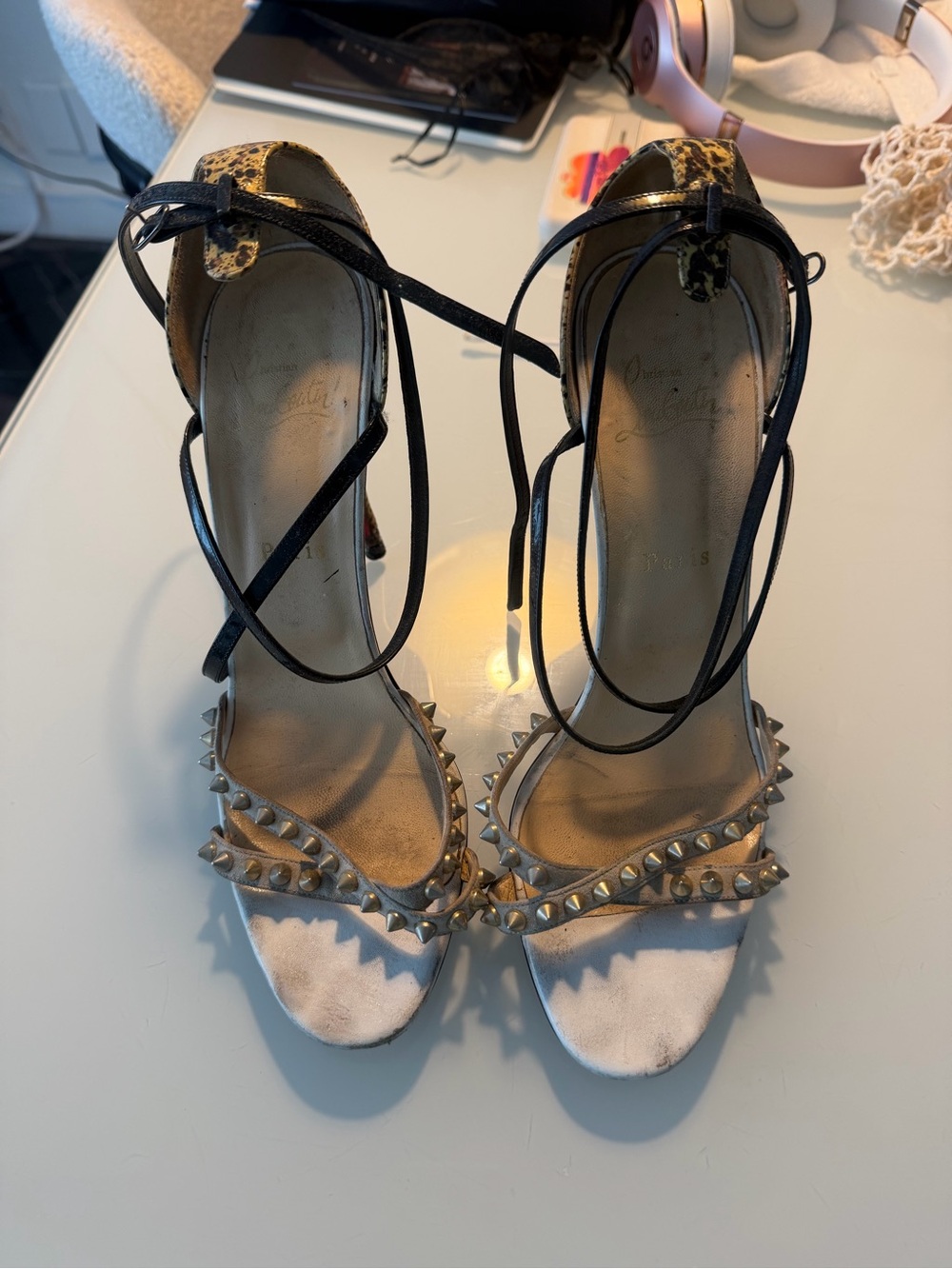 Christian Louboutin Studded Ankle-Tie Sandals in Black and Beige